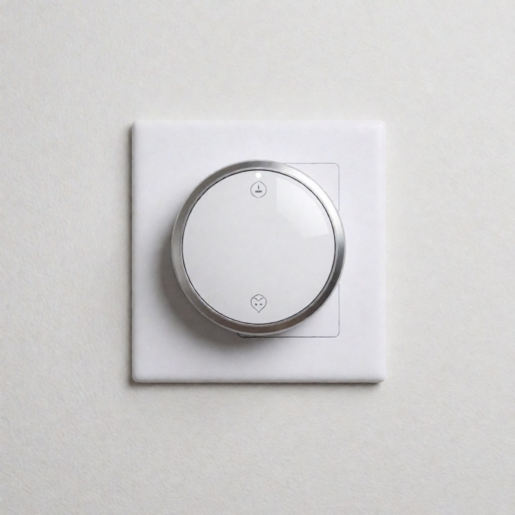 A sleek smart thermostat mounted on a white wall in a contemporary bathroom, featuring minimalist design and modern technology for home energy efficiency.