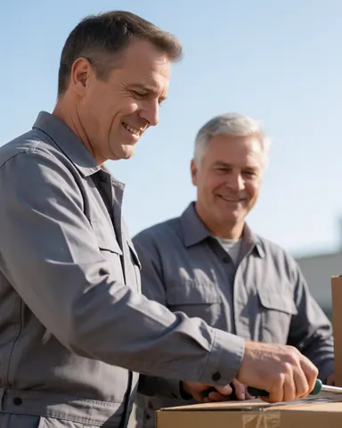 Two adult men in gray uniforms working together on a move, one unscrewing a cardboard box, both smiling under the sun with a light blue sky background