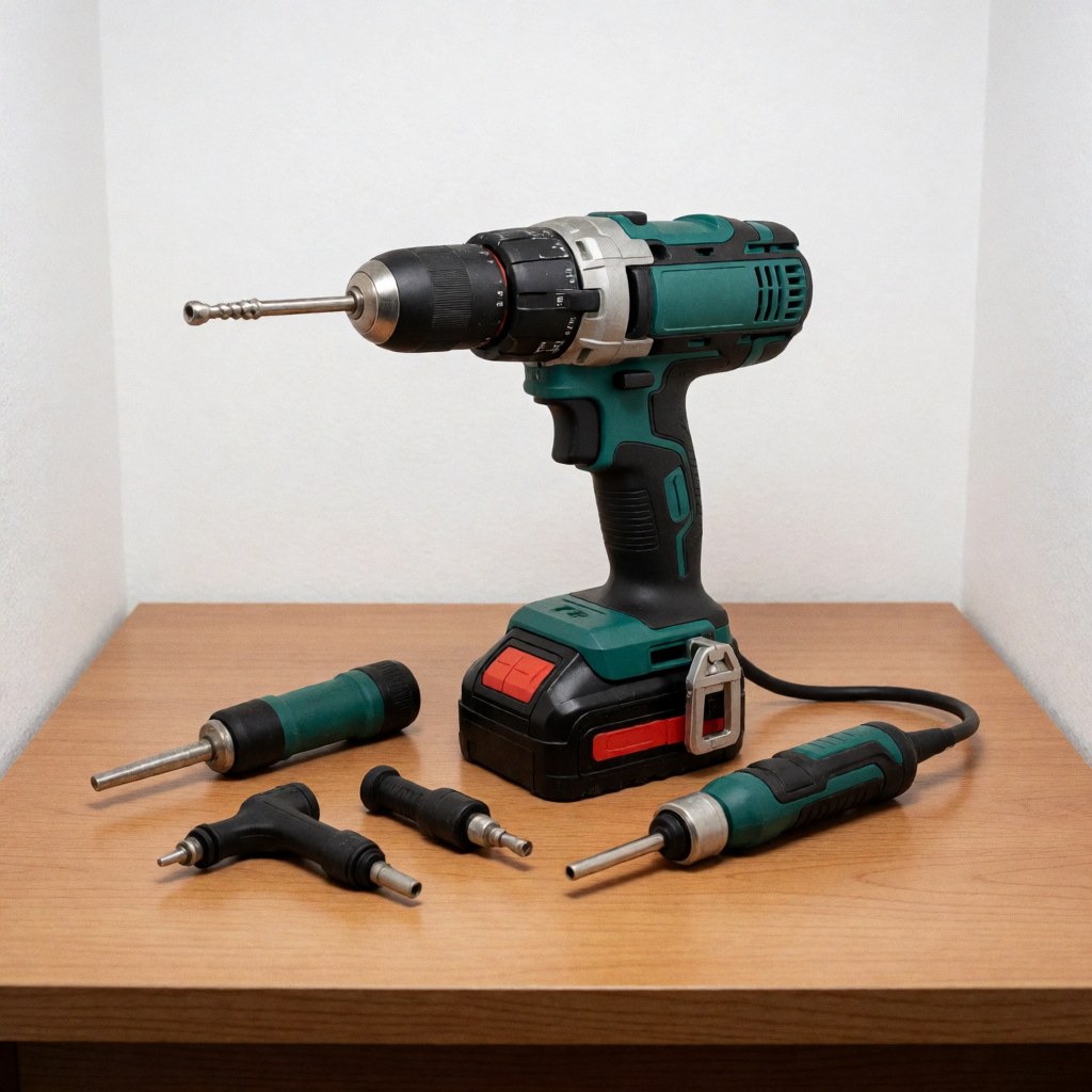 Electric drill and various construction accessories arranged neatly on a clean white studio background for product display