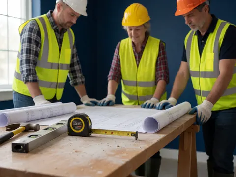 Three workers in hard hats and vests inspecting construction plans on a wooden table with tools and a blue wall in natural light