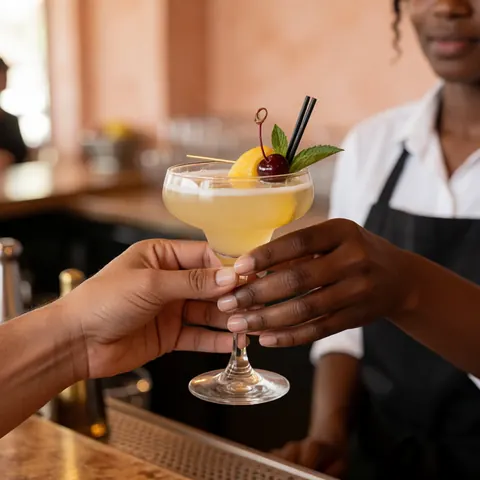 A bartender's hand holding a glass with a cocktail garnished with fruit and a cherry, serving a customer in a warm-lit bar setting with a terracotta wall background.