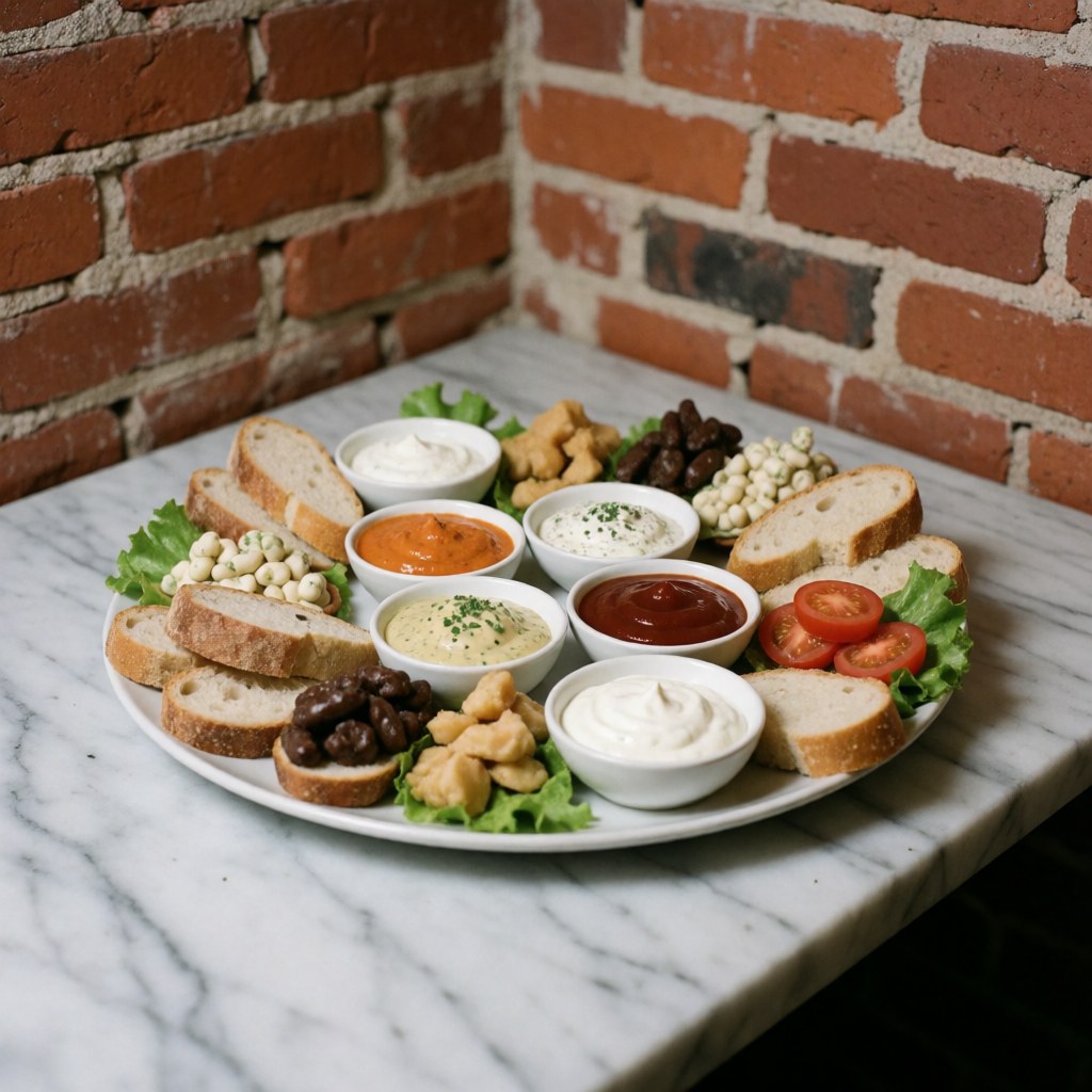 Fresh appetizers, various dips, and bread served on a white marble table with a red brick wall background