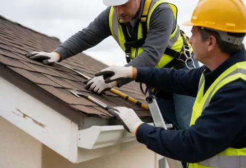 A professional roof installer wearing safety gear works on a house roof during a construction project in Denver
