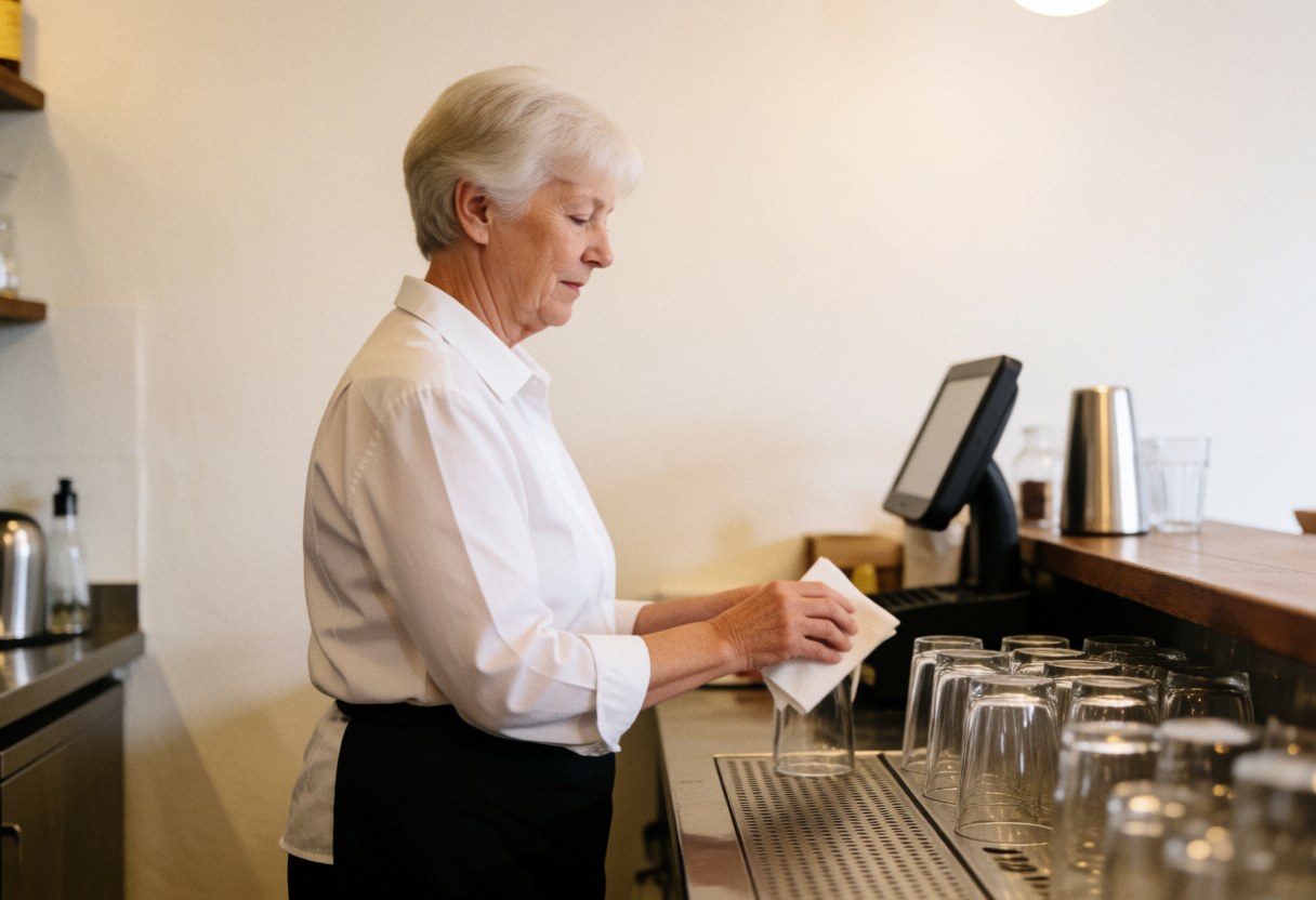 An older woman in a white shirt and black apron cleans glassware at a wooden bar counter with warm lighting and white walls.