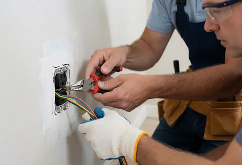 Electrician wearing safety gloves and glasses connecting wires in a freshly painted wall outlet with tools in a belt.