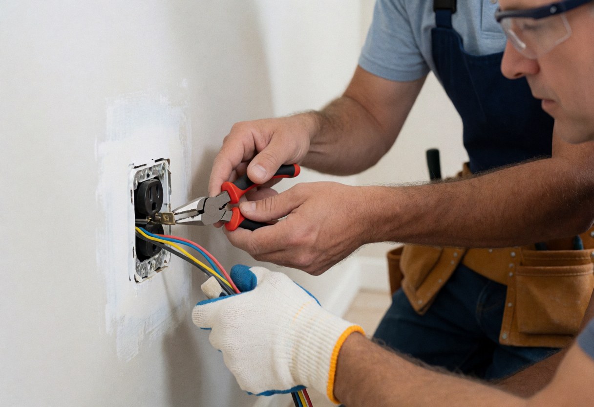 Electrician wearing safety gloves and glasses connecting wires in a freshly painted wall outlet with tools in a belt.