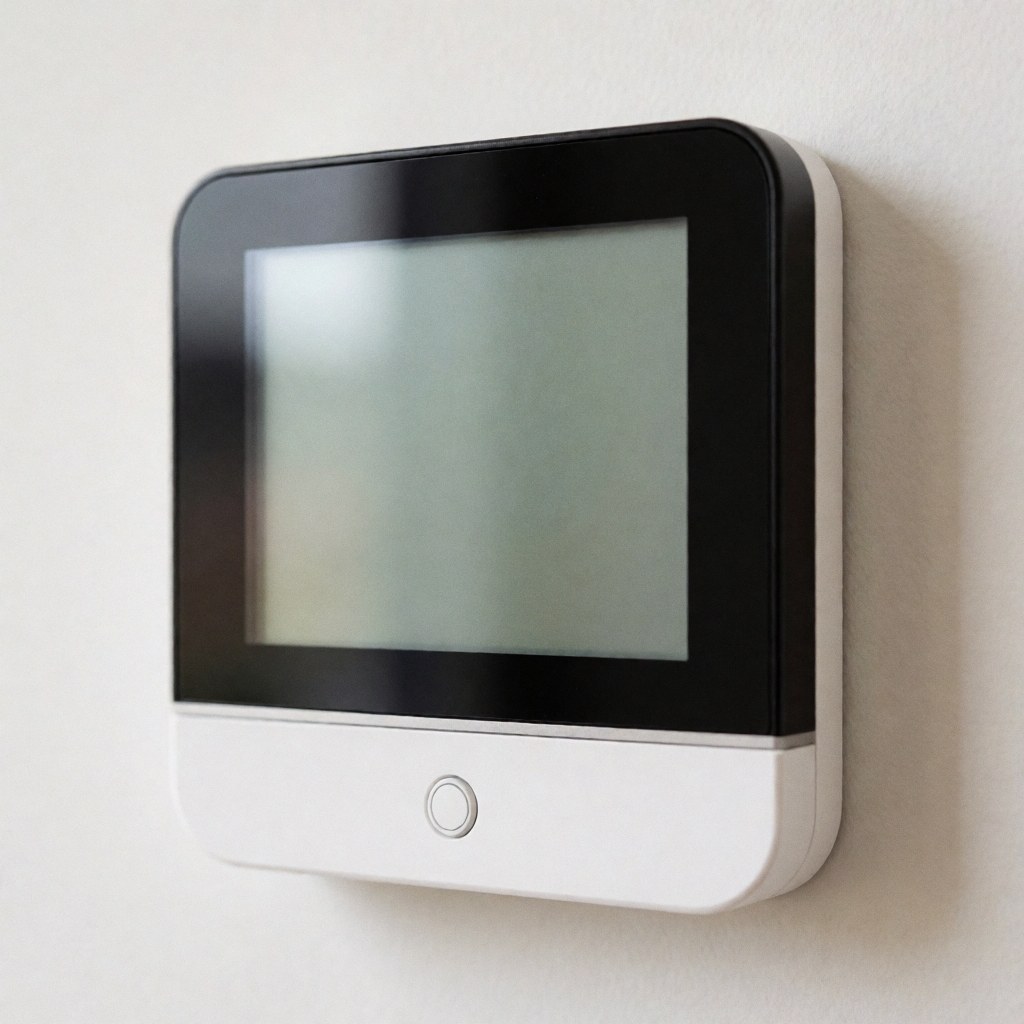 A modern smart thermostat installed on a plain white interior wall, featuring a digital display for home climate control and automation.