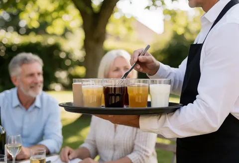 A waiter carrying a tray of beverages to seated guests in an outdoor garden with trees and sunlight in the background