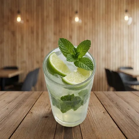 Refreshing mojito with lime slices and mint leaves in a tall glass on rustic wooden table with warm background lighting