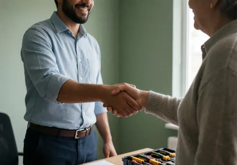 Smiling electrician shaking hands with an older client in an office with tools on a table and green walls