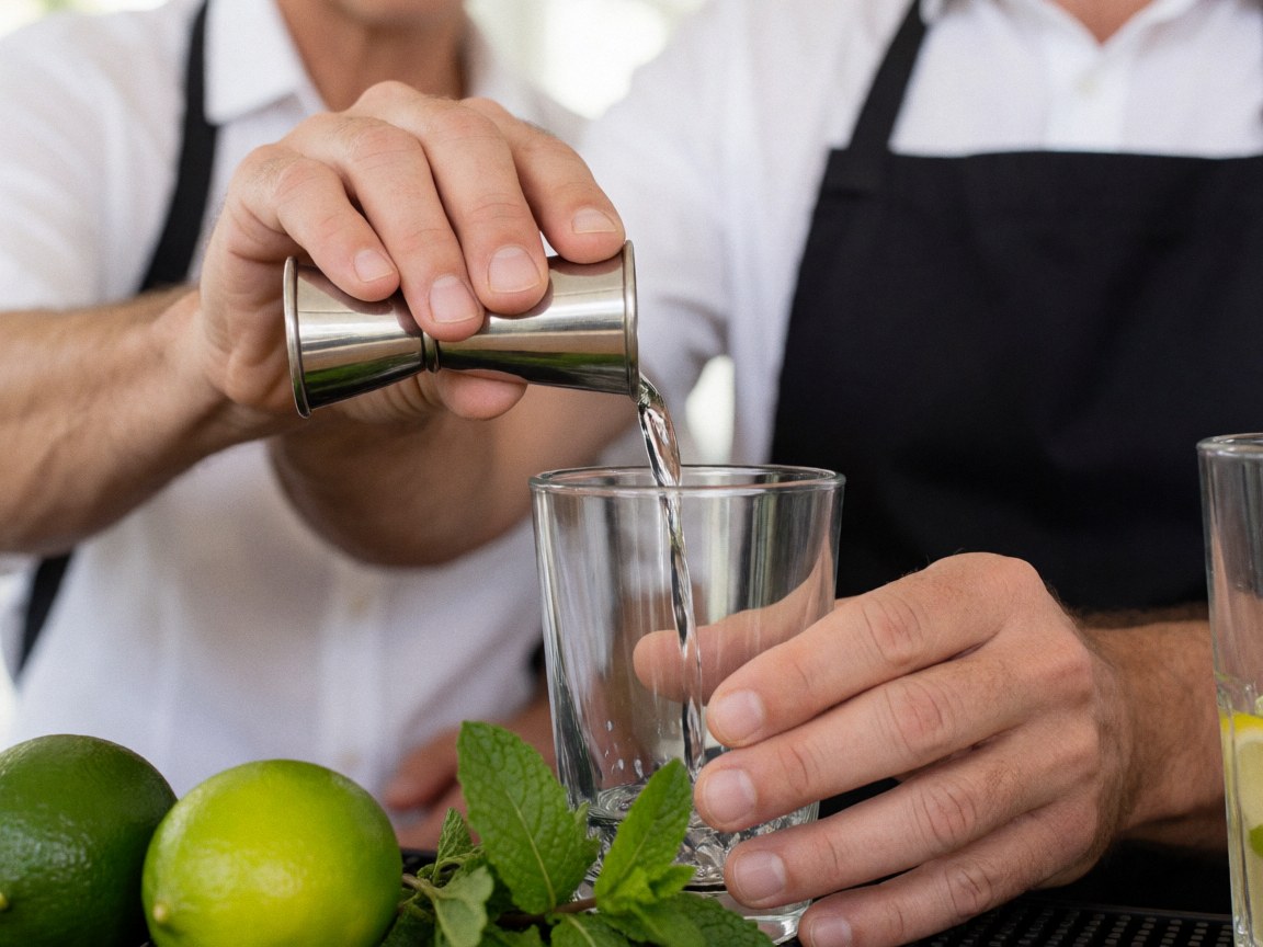 Close-up of bartender mixing cocktail with jigger, limes and fresh mint, natural light, blurred background, bar counter.