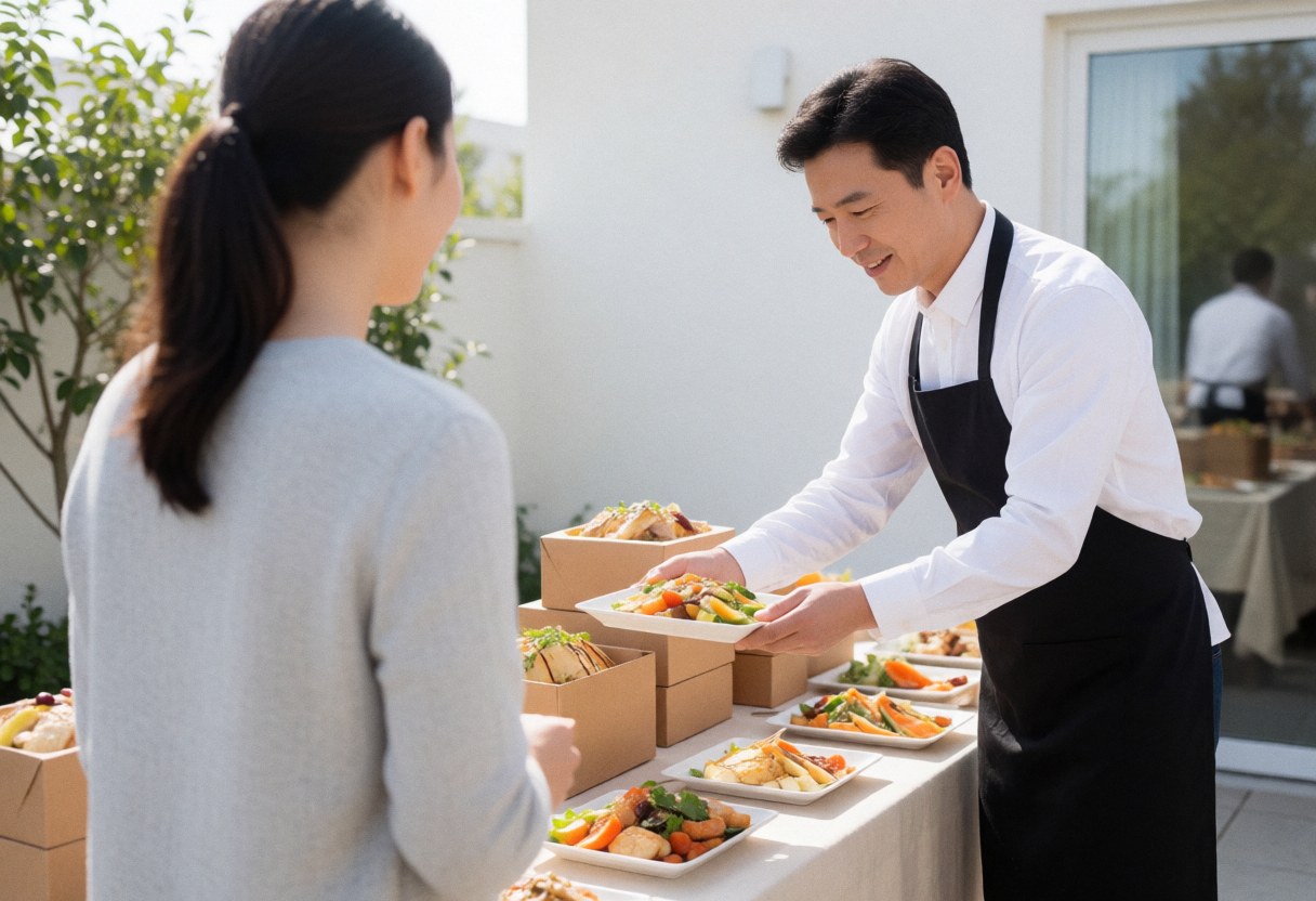 A waiter serves healthy food at an outdoor table with a client seated nearby during a celebration event.