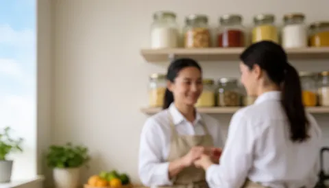 Two people in a kitchen with ingredient jars on shelves, blurred background, text space on the left