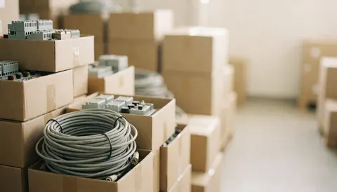 A neutral gray warehouse background featuring stacked cardboard boxes, electrical cables, and components suitable for professional text overlays.