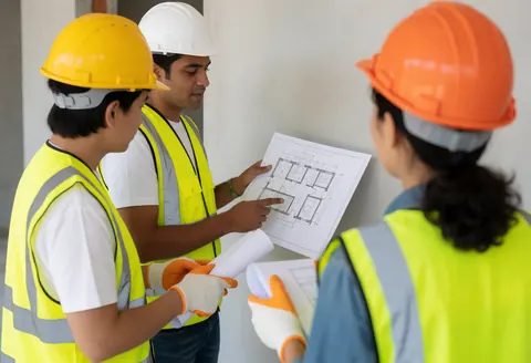 An architect and two construction workers in safety gear review house blueprints together at a residential construction site.