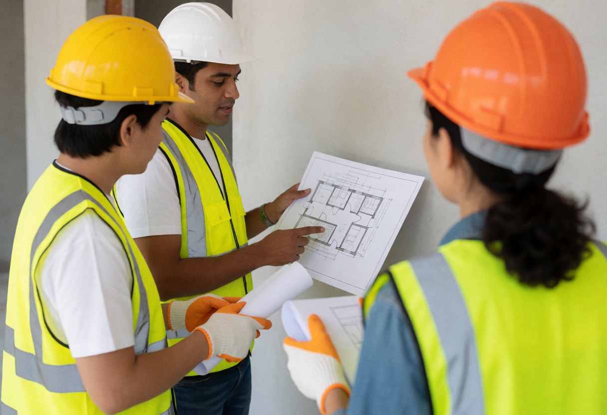 An architect and two construction workers in safety gear review house blueprints together at a residential construction site.
