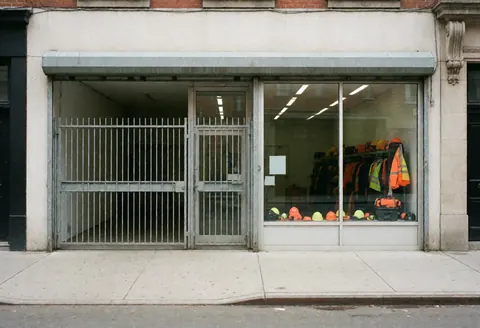 Exterior view of a construction supply store featuring a metal security grille and a window displaying hard hats and safety vests on a clean floor under neutral daylight.