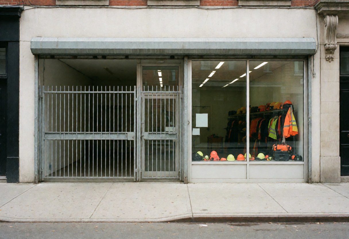 Exterior view of a construction supply store featuring a metal security grille and a window displaying hard hats and safety vests on a clean floor under neutral daylight.