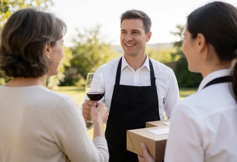 Professional caterer in apron handing a wine glass to a client at an outdoor gathering with a relaxed atmosphere