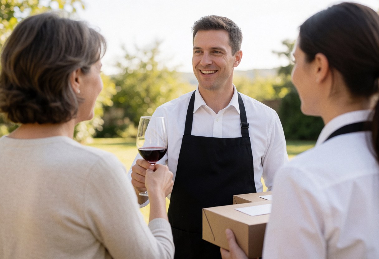 Professional caterer in apron handing a wine glass to a client at an outdoor gathering with a relaxed atmosphere