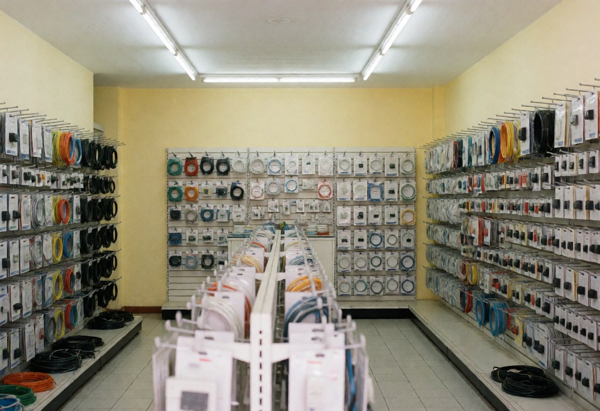 Well-organized electrician shop interior featuring shelves stocked with cables, switches, and electrical products against light yellow walls under fluorescent lighting.