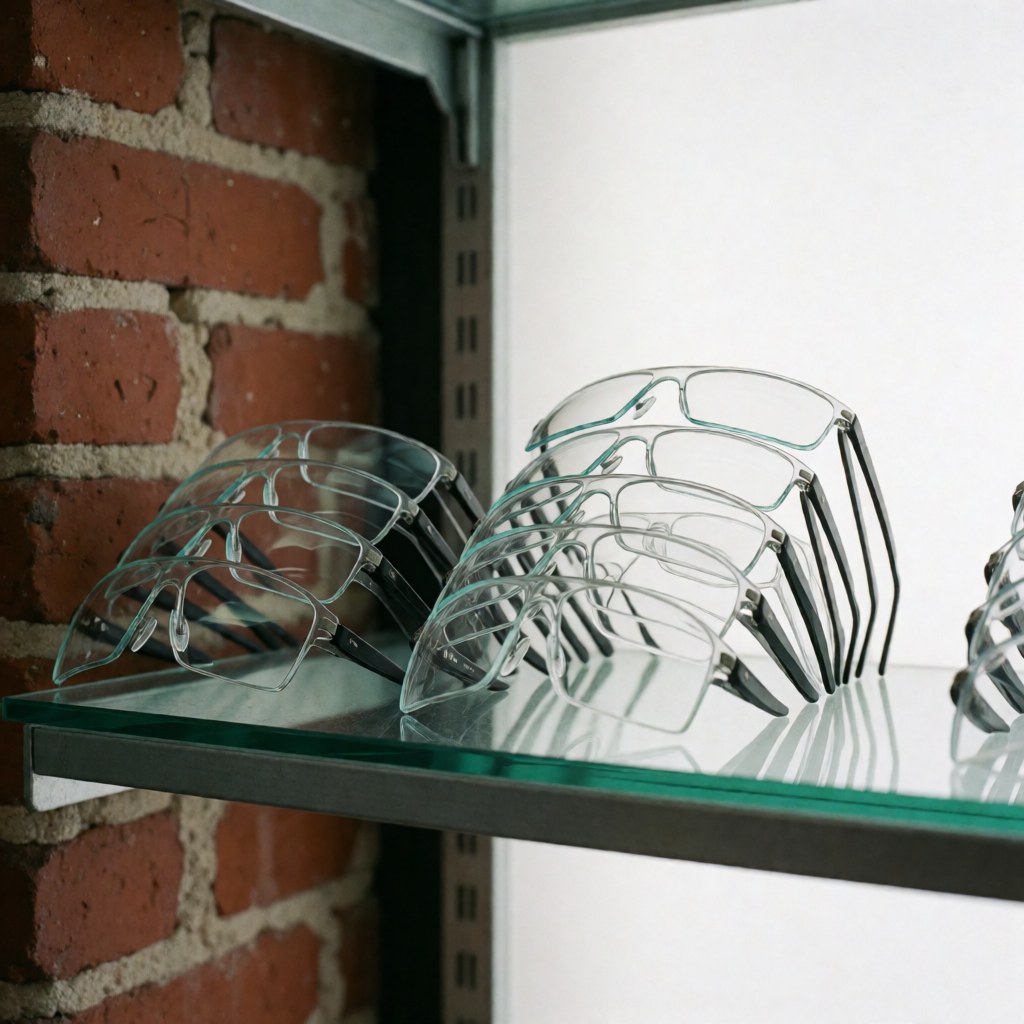 A neat stack of clear prescription eyeglass lenses displayed on a surface, showcasing optical precision and transparency for product photography.