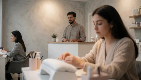 Interior view of a nail salon showing a client in the foreground and a stylist working in the background with calm professional atmosphere and warm lighting