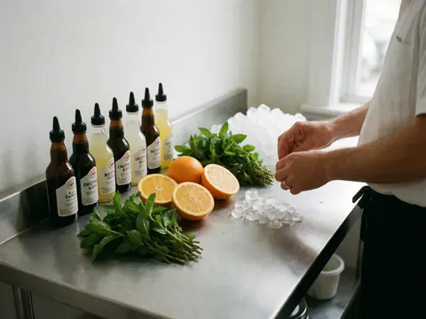 Close-up of cocktail preparation featuring fresh oranges, mint, ice, and bitters on a stainless steel bar under natural light.