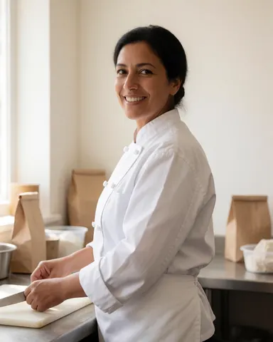 Smiling female chef in a white uniform cuts food on a white cutting board in a clean, realistic professional kitchen environment.