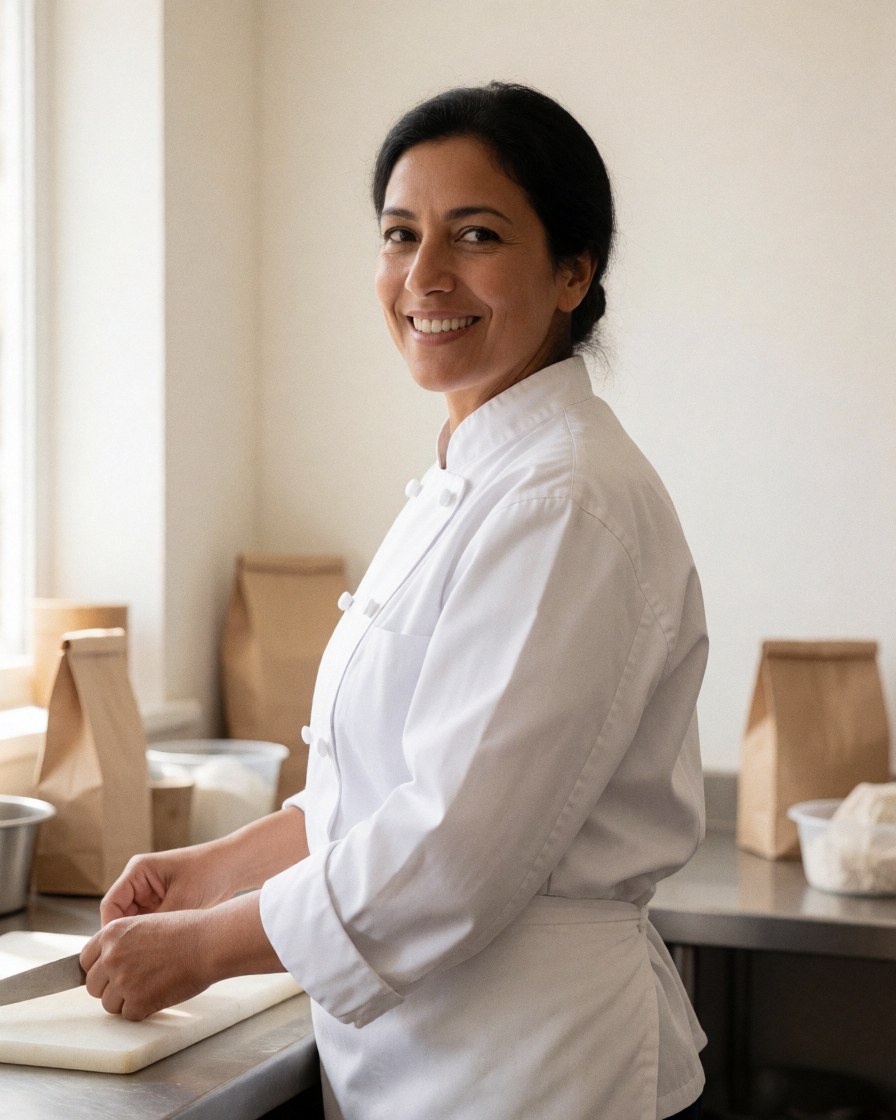 Smiling female chef in a white uniform cuts food on a white cutting board in a clean, realistic professional kitchen environment.