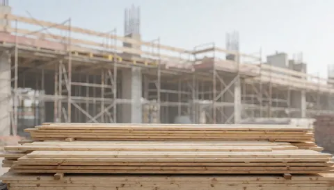 A soft focus background featuring wooden planks and scaffolding elements typical of a construction site, providing a textured surface suitable for business text overlays.