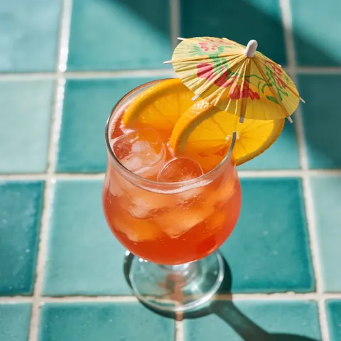 Tropical cocktail garnished with lime slices and a decorative umbrella resting on turquoise tiles under bright sunlight, perfect for a bar or cocktail lounge setting