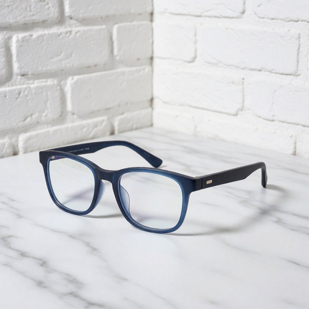 A pair of modern blue light blocking eyeglasses resting on a white marble surface with a brick wall background, ideal for optical store product displays.