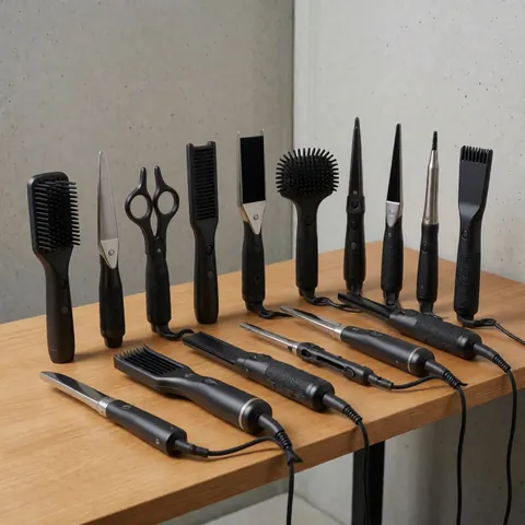 Set of professional hairdressing tools including scissors, brushes, dryers, and straighteners on a wooden table with concrete background and soft lighting