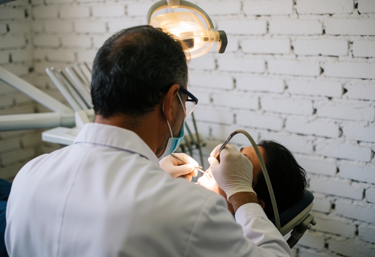 A dentist wearing a mask and gloves examines a patient in a dental clinic with white brick walls and professional lighting.