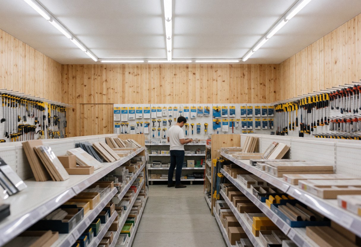 Interior view of a construction supply store displaying shelves stocked with tools, wood, paint, and building materials.