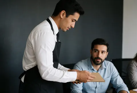 A professional caterer in uniform stands beside a desk, holding a menu and explaining food options to a seated client in a business setting.