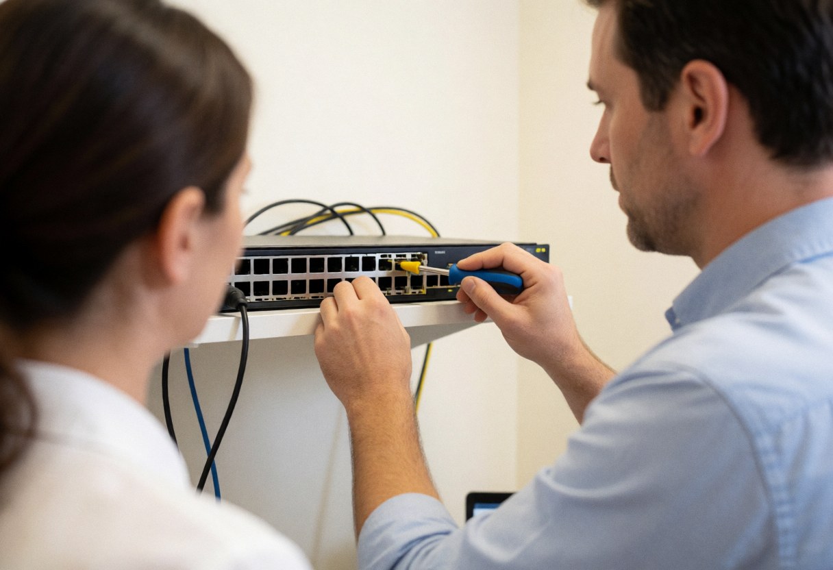 A professional technician uses a tool to adjust a network switch while a colleague observes closely, focusing on hands and equipment.