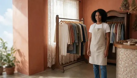 A clothing boutique featuring terracotta walls, polished concrete floors, wooden display shelves, and a woman wearing an apron in warm natural light.