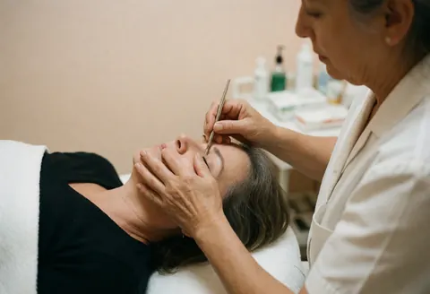 Therapist performing a facial treatment using professional tools in a beige room with a relaxed and professional atmosphere.