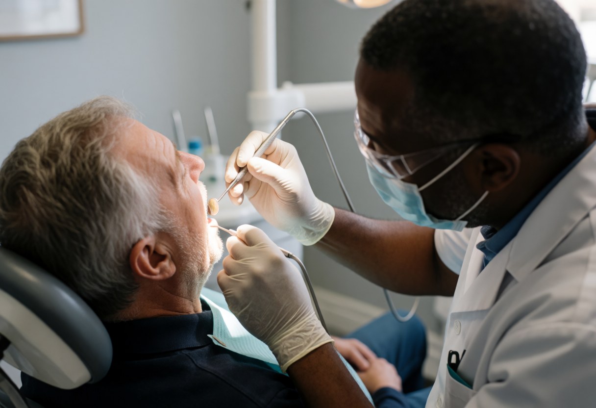 A dentist wearing a mask and glasses examines a patient's mouth using dental instruments in a clinic with natural lighting and light gray walls.