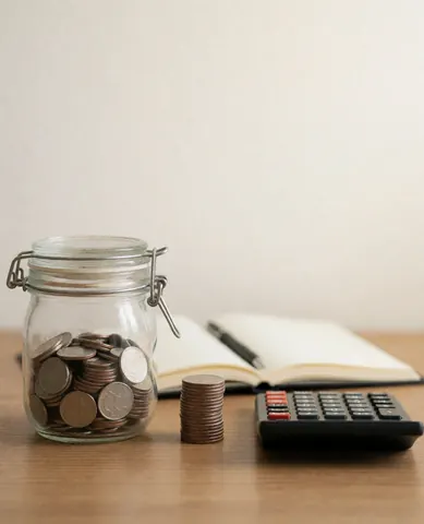 Glass jar filled with coins, stacked coins, calculator, and open notebook on a wooden desk with soft professional lighting