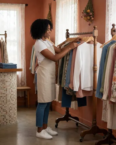 A female business owner carefully arranging garments on retail shelves in a clothing store, ensuring the collection is neat and accessible for customers.