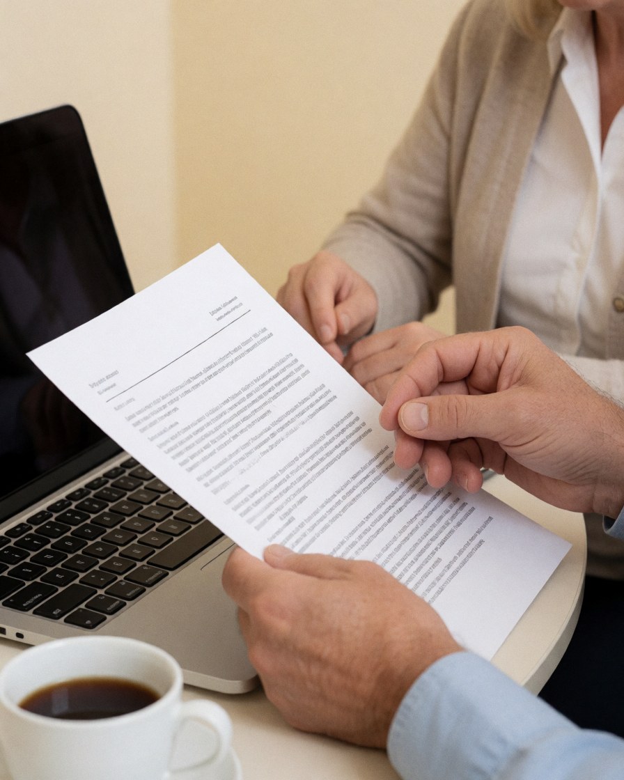 Close-up of hands holding a printed report next to a laptop and coffee cup on a clean desk