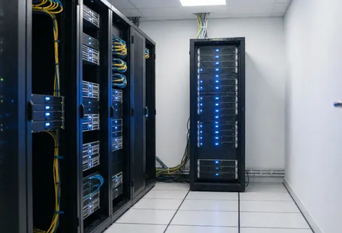 Clean and organized server room interior featuring racks, blue lighting, and structured cabling for IT infrastructure