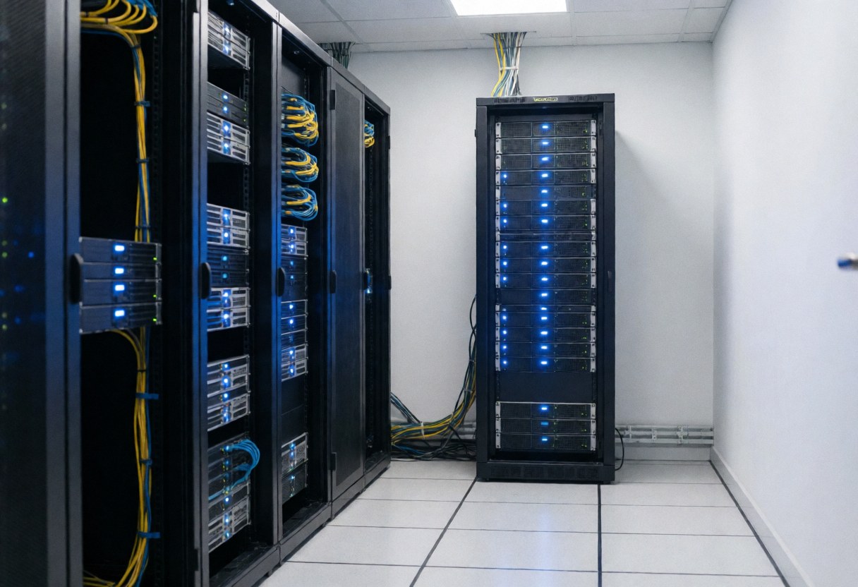 Clean and organized server room interior featuring racks, blue lighting, and structured cabling for IT infrastructure