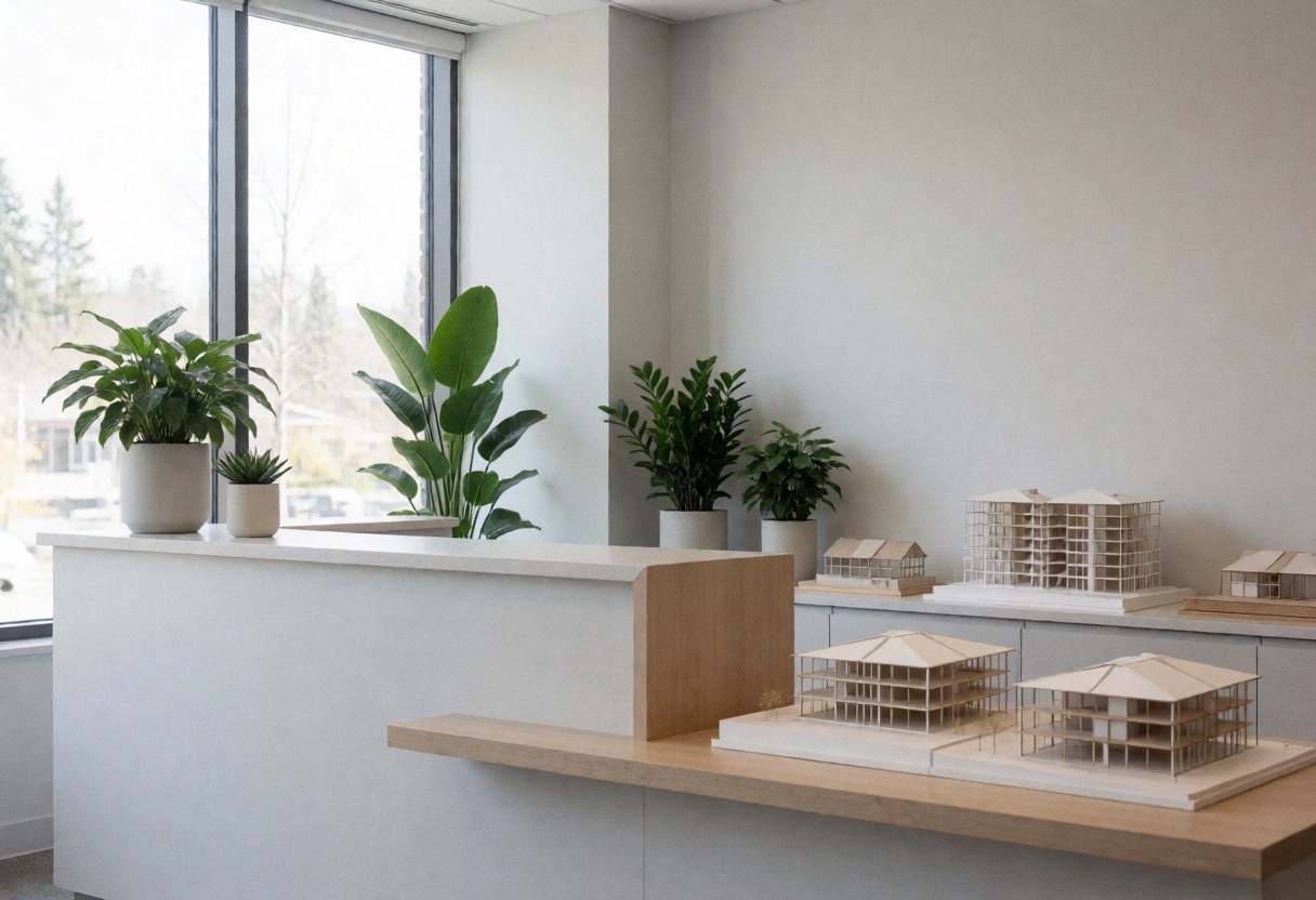 Modern office reception featuring architectural models, green plants, and large windows letting in natural light in a minimalist professional setting.