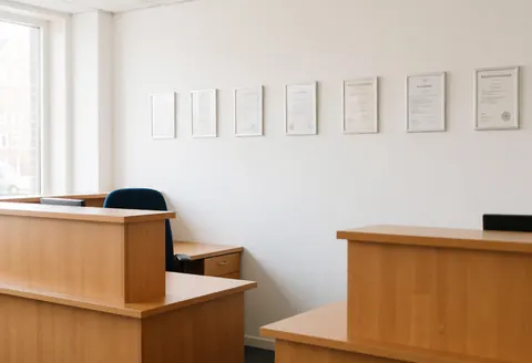Bright accounting office reception area featuring wooden desks, white walls, and framed certificates in natural light.