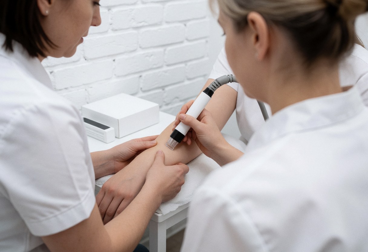 A professional esthetician performs laser therapy on a client's skin in a clinical setting, focusing on the treatment area with specialized equipment.
