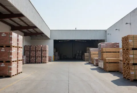 Clean warehouse entrance facade with stacked pallets and bricks under a clear sky, suitable for construction and logistics business imagery